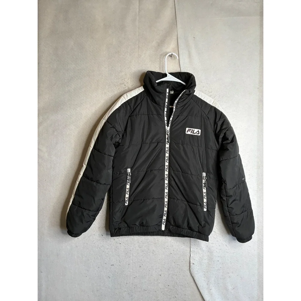 FILA Mens Black White Colorblock Puffer Jacket Full Zip Logo Tape Quilted Small
